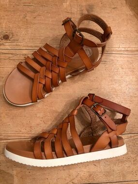 Girls Brown leather Strappy Gladiator Flat Sandals White non-marking outsole